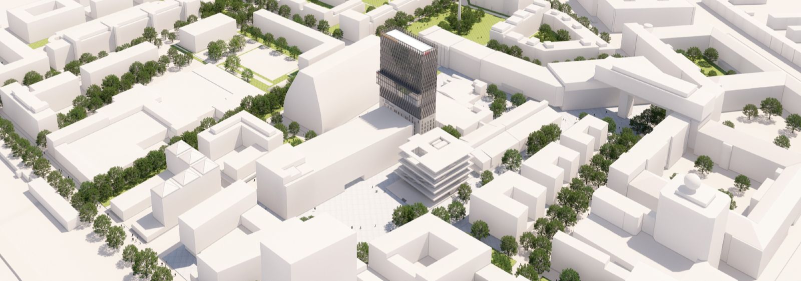 Modell des Münchener Werksviertels, ein neues Quartier zum Leben, Wohnen und Arbeiten. Im Herzen des Quartiers befindet sich das geplante neue Münchener Konzerthaus.