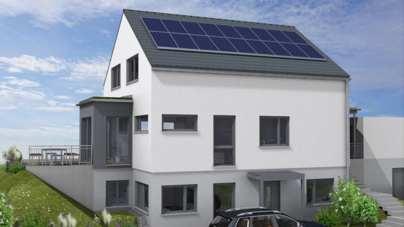 Im Projekt RENBuild wird ein Gesamtsystem zur Gebäudeversorgung entwickelt. Die Visualisierung zeigt ein  Musterhaus von Projektpartner Hanse Haus, welches im Laufe des Jahres 2022 mit dem RENBuild-System ausgestattet wird. 