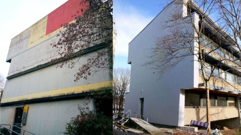 On the left is a Burö building before the renovation. On the right, the same building after renovation with a new facade.