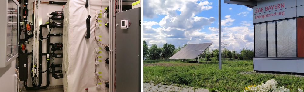 Links: Blick in den Technikraum der RENBuild-Testanlage am ZAE Bayern. Zu sehen ist neben der Wärmepumpe (rechts) auch der PCM-Hybrid-Speicher (mitte), welcher Speichersegmente für Kälte, Wärme und Warmwasser enthält. Rechts: Mit der RENBuild-Testanlage verbundenes PVT-Kollektorfeld am ZAE Bayern.