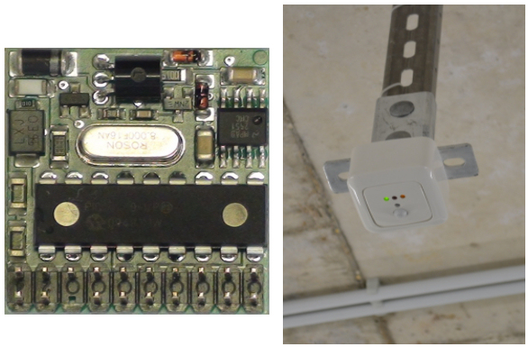Bus coupler (left) and its application in an application module for presence detection (right).
