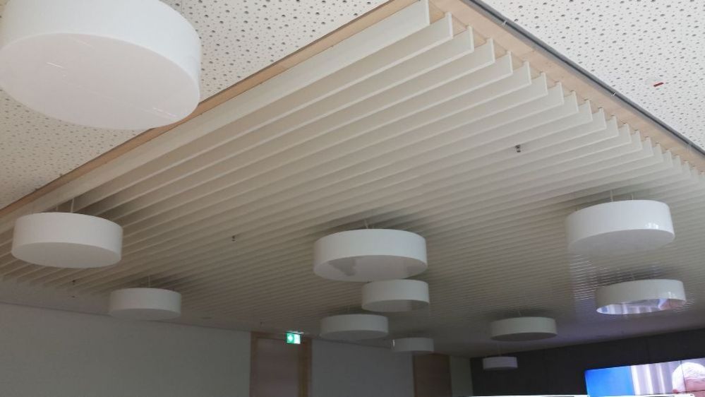 The cooling ceiling in a training room at the Münster State Insurance Institute was extended with vertically suspended extruded aluminium profiles filled with phase change materials (PCM). The vertical orientation of the PCM-containing profiles increases the cooling effect of the cooling ceiling, which can be operated passively on a regular basis and actively during warm periods. 