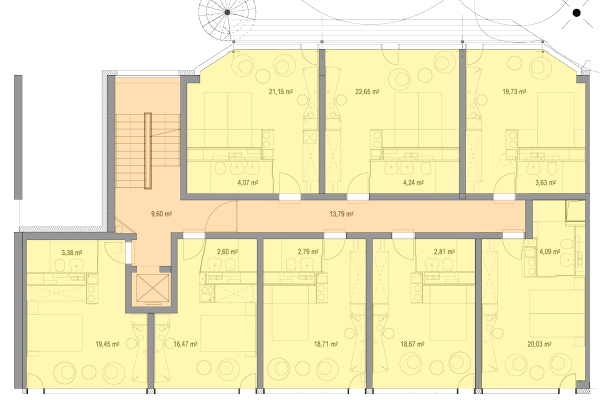 Floor plan for the standard floors 1st floor - 4th floor with rooms facing the street and courtyard.