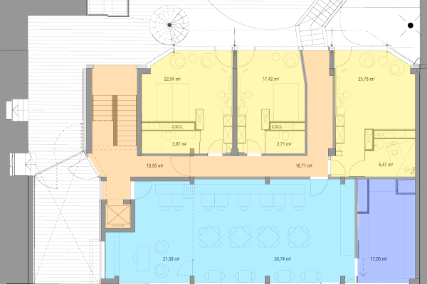 Ground floor layout - here you will find the reception, breakfast room, kitchen and rooms facing the courtyard