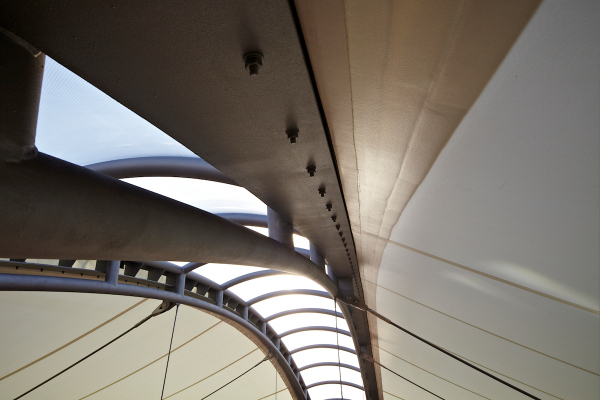 Interior of the textile membrane roof with transparent and translucent membrane for daylight utilisation.