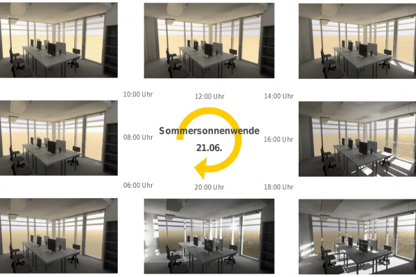 Light simulation of human perception in a corner office on the summer solstice on 21.6.