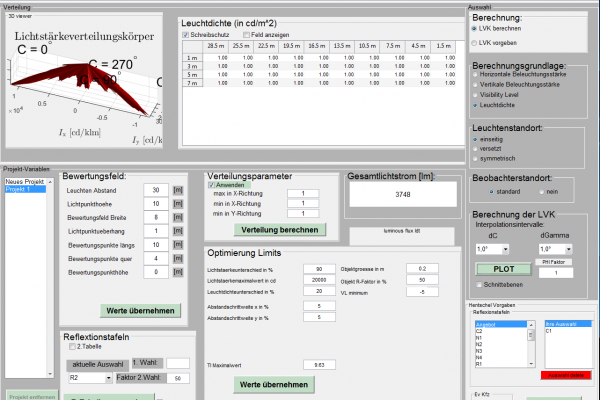 Screenshot of a simulation programme developed at the Lighting Technology Department, which can be used to optimise luminous intensity distribution curves.
